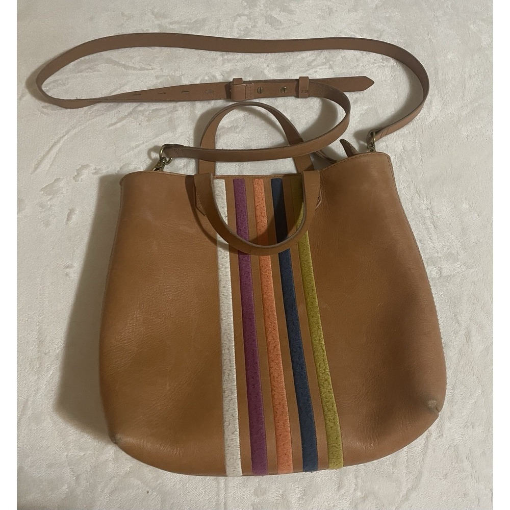 Madewell Small Transport Tan Rainbow Striped Tote Crossbody Adjust Bag